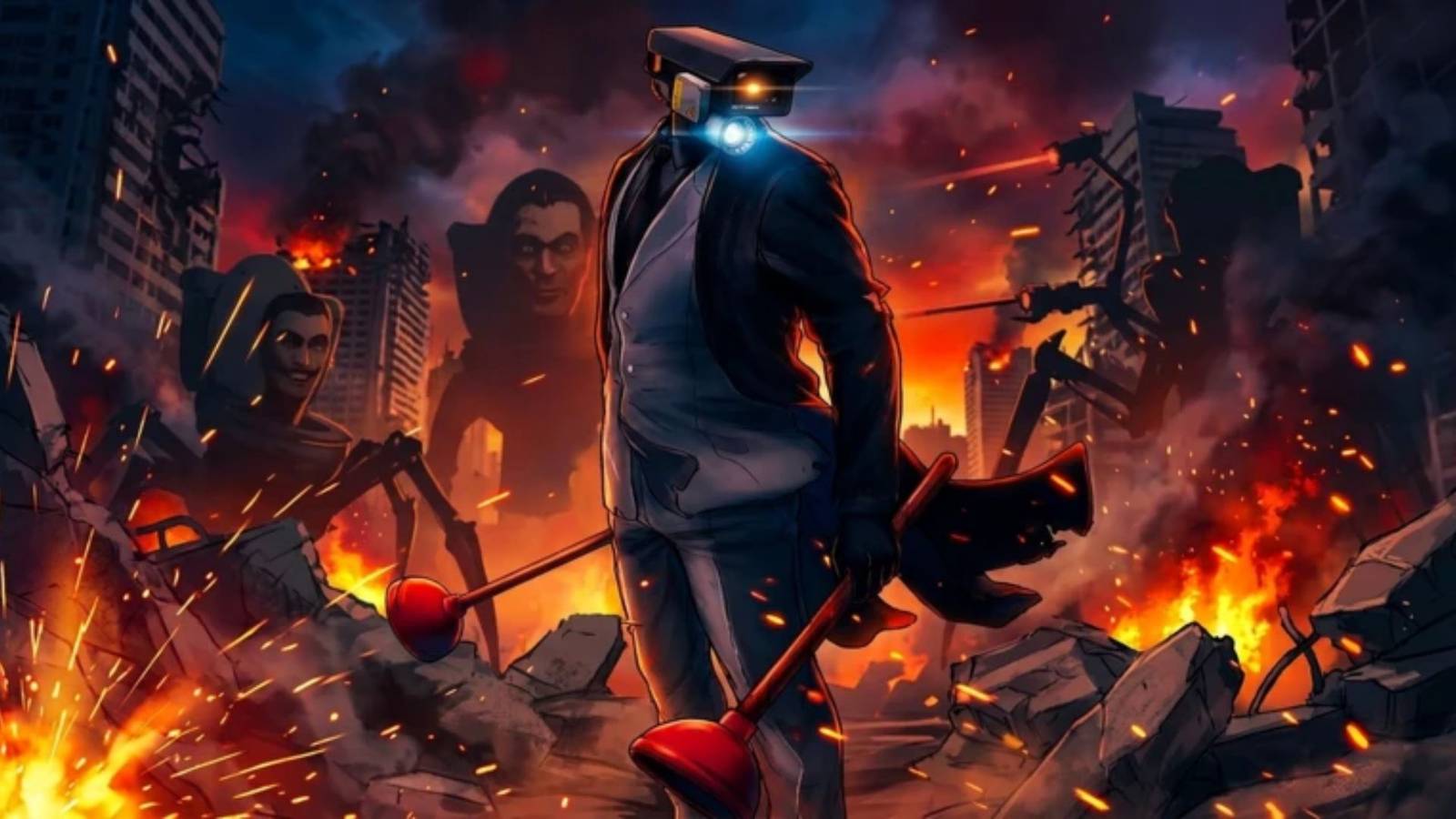 A Cameraman operator gripping two plunger weapons in a burning, ruined city in SKIBIDI TOILET WAR