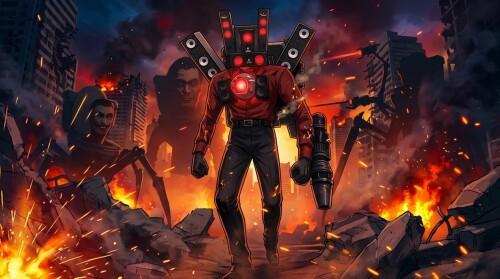 A giant Speakerman-style war machine striding through a burning, ruined city in SKIBIDI TOILET WAR